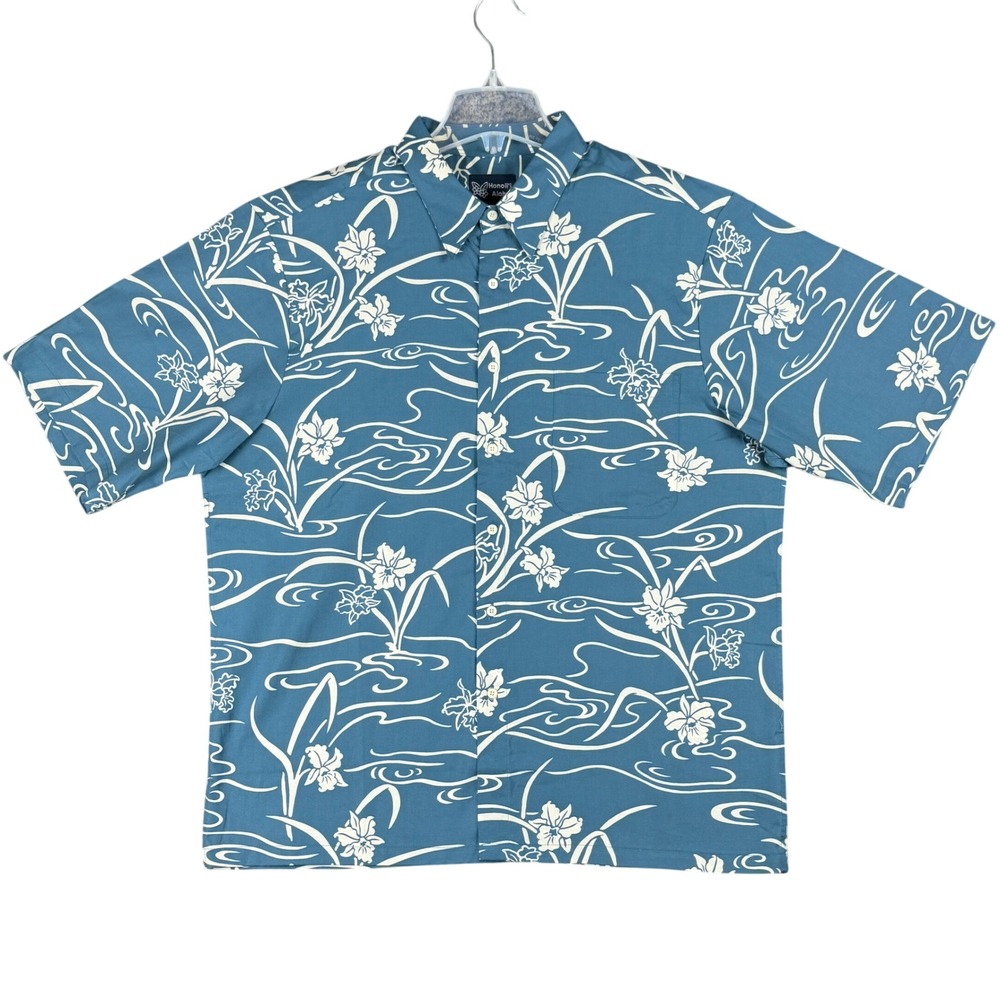 Honoli'i Aloha Mens Large Blue White Floral Lily Cotton Button Down Shirt Hawaii